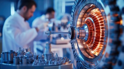 A detailed close-up view of a particle collider model in a high-tech laboratory setting during a scientific experiment