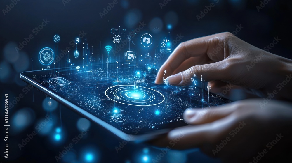 Leinwandbilder A Hand Interacting with a Tablet Displaying a Network of Digital Icons