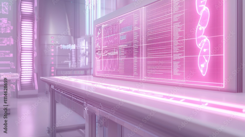 Poster Pink-lit futuristic laboratory with a large screen displaying data and diagrams