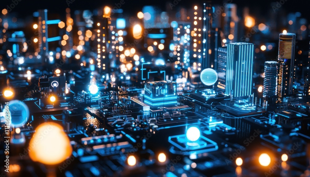 Poster futuristic cityscape constructed on a circuit board
