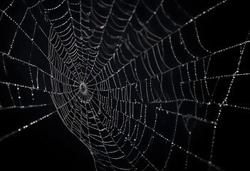 A detailed spider web with intricate patterns against a dark background