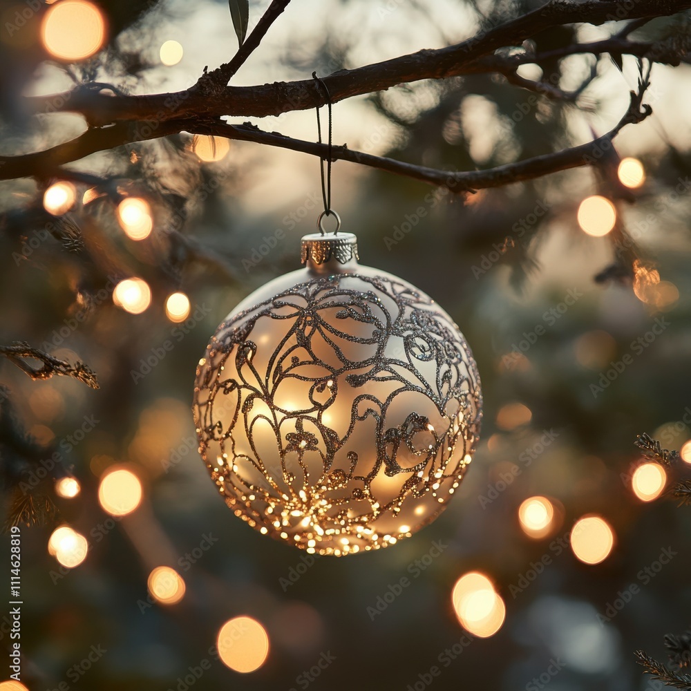Poster close-up view of an elegant christmas ornament hanging on a tree branch, illuminated by soft seasona