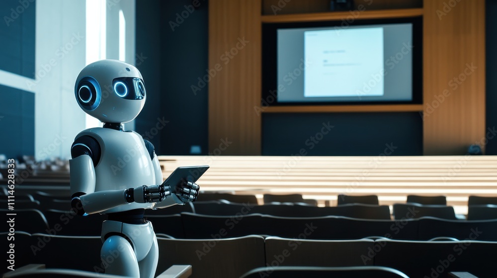 Poster a robotic lecturer engages an audience in a modern classroom setting while discussing advanced techn