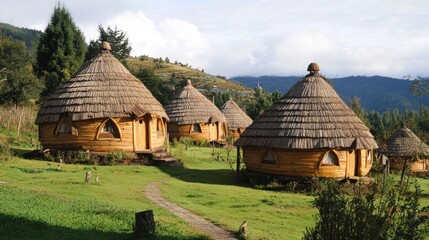 Wooden Cabins in a Mountainous Setting