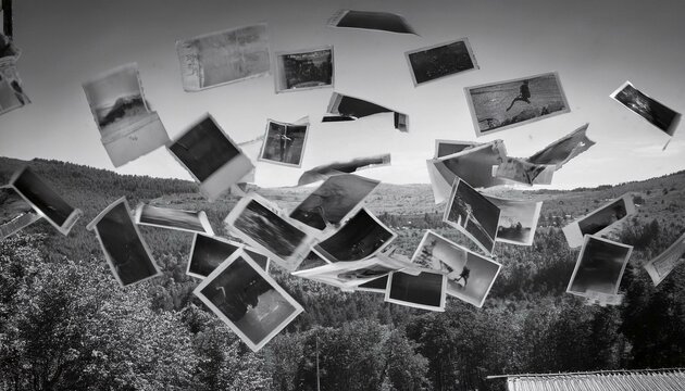 손때 묻은 가장자리가 찢어진 오래된 흑백 사진들이 바람에 날리는 연출