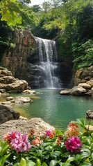 A breathtaking view of a waterfall cascading into a tranquil pool surrounded by lush greenery and vibrant flowers in a serene natural setting