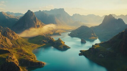 Majestic jagged mountains rise above a tranquil lake during golden hour in a breathtaking landscape