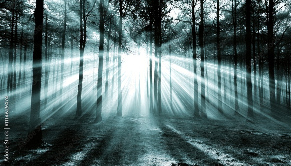 Aufkleber sunbeams illuminating a misty forest path