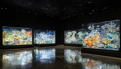 Four Glass Encased Artworks Depicting Abstract Aquatic Scenes