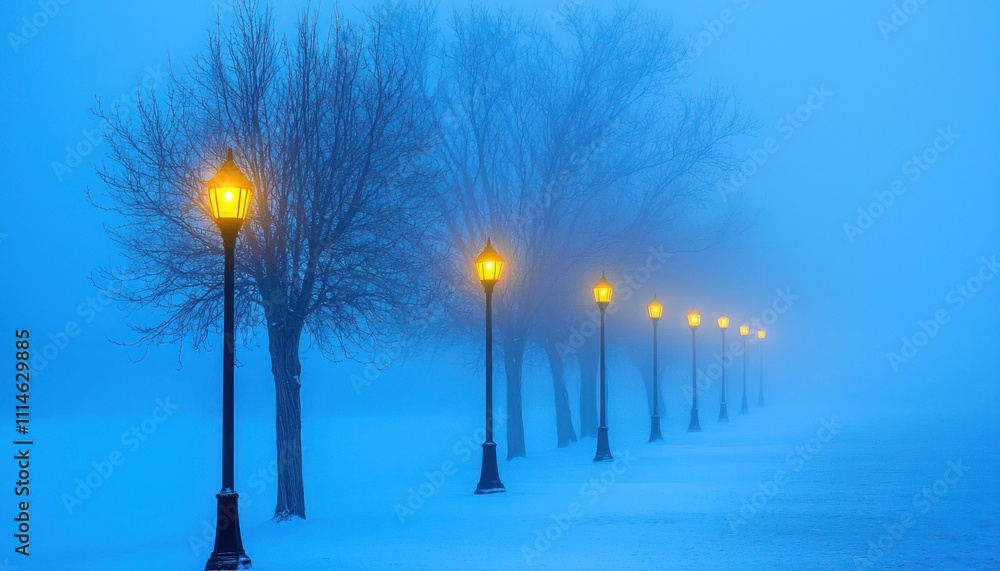 Poster a row of streetlights shining through fog on a snowy path
