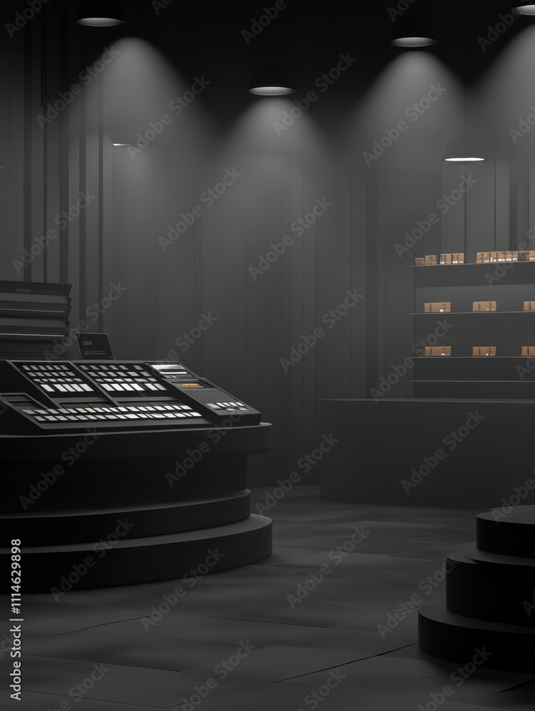 Poster virtual reality interface. futuristic control panel with glowing buttons in dark sci-fi room, techno