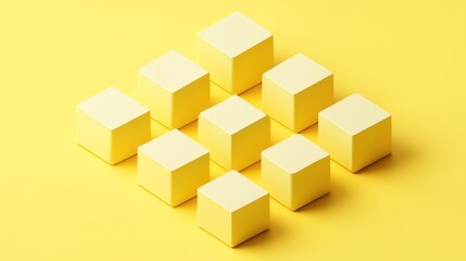 Fototapeta premium Nine pale yellow cubes arranged in a staggered grid pattern on a yellow background.