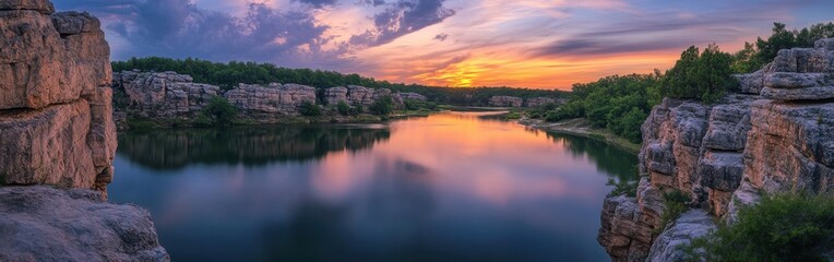 Obraz premium Discover the serene beauty of the White River at sunset, surrounded by rugged cliffs and lush greenery