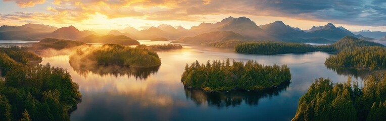 Naklejka premium Breathtaking sunrise over the Inside Passage showcasing tranquil waters and lush islands surrounded by majestic mountains