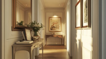 Sunlit hallway with antique console table, framed art, and mirror.