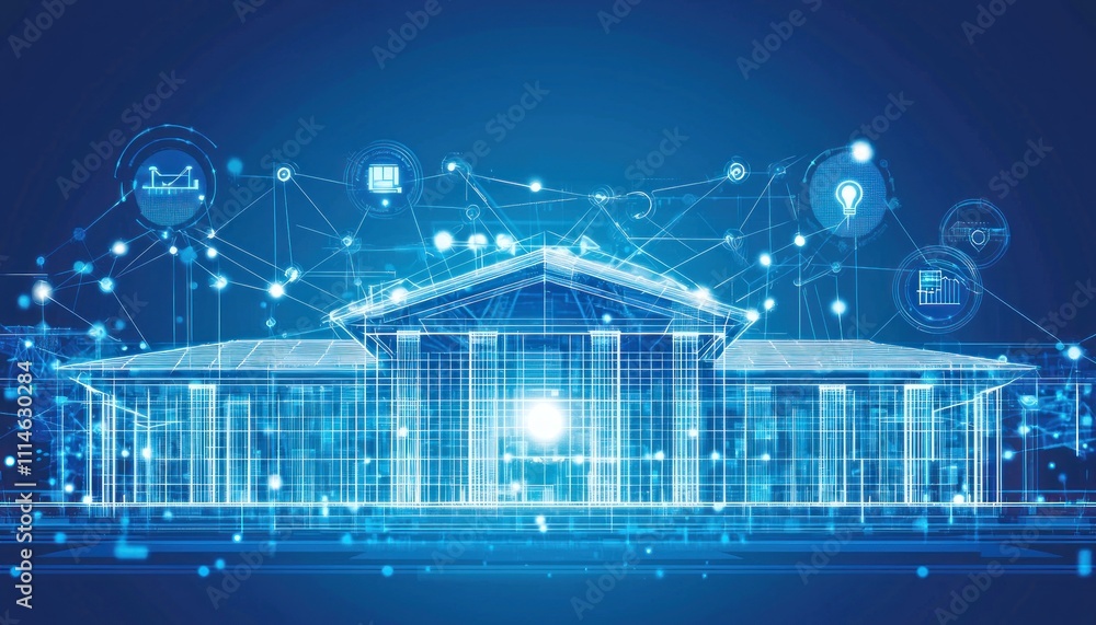 Poster a wireframe building with blue glowing network connections