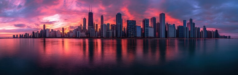Obraz premium Stunning Chicago skyline illuminated by vibrant sunset colors over the lake