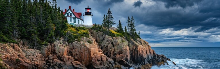 Bass Harbor Head lighthouse cast in dramatic lighting against a cloudy sky with rocky cliffs and ocean waves in Acadia National Park