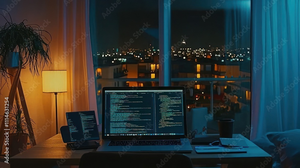 Poster a nighttime view of a desk with a laptop, a second monitor, and a cityscape beyond the window