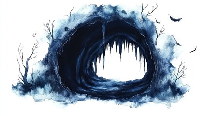 Watercolor painting of a dark cave entrance with bats flying overhead
