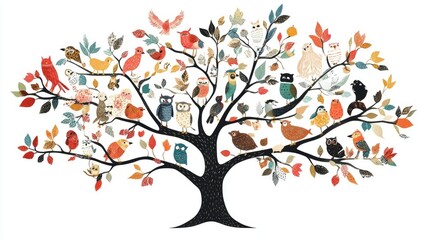 Fototapeta premium An artistic tree silhouette made entirely of cute animals, from baby goats to tiny owls, on a clean white background, perfect for holiday themes.