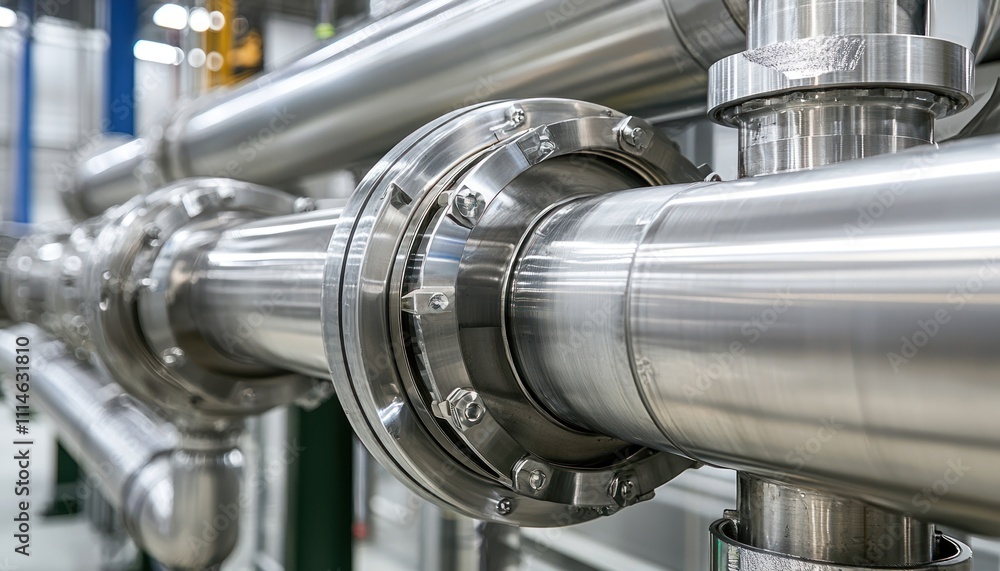 Aufkleber close-up of a shiny metallic pipe with a large connecting flange.