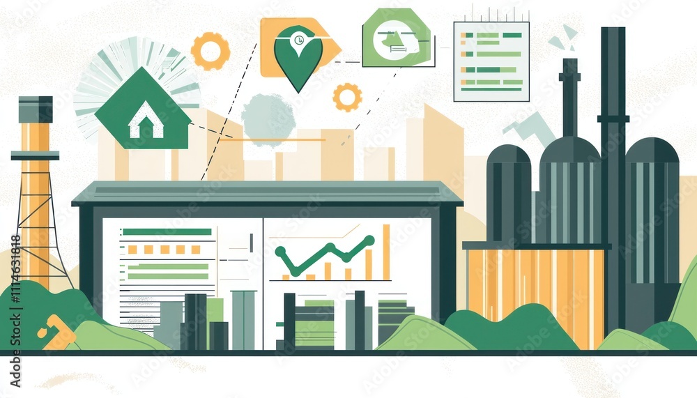 Poster a green city with an industrial complex and data visualizations