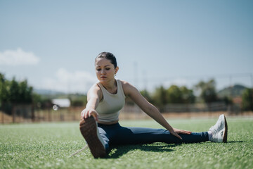 A young girl performs a stretching exercise on a grass field, embodying fitness, flexibility, and...