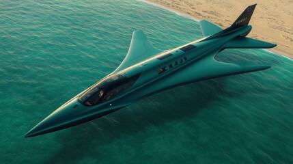 Fototapeta premium Luxury Private Jet. Futuristic sleek private jet flying over clear turquoise ocean water for travel, luxury lifestyle, technology innovation, summer vacation, scenic aerial view, modern design, blue