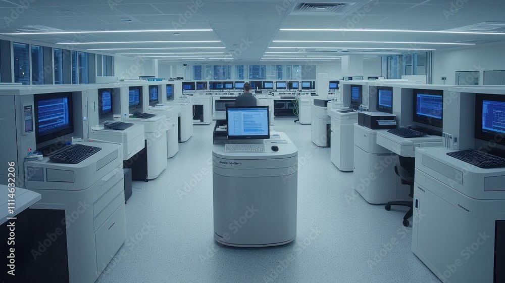 Poster modern laboratory with rows of computerized medical equipment