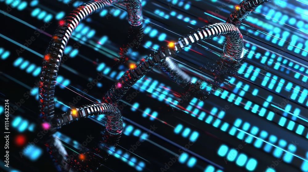 Poster Abstract Digital DNA Structure with Glowing Blue and Red Elements