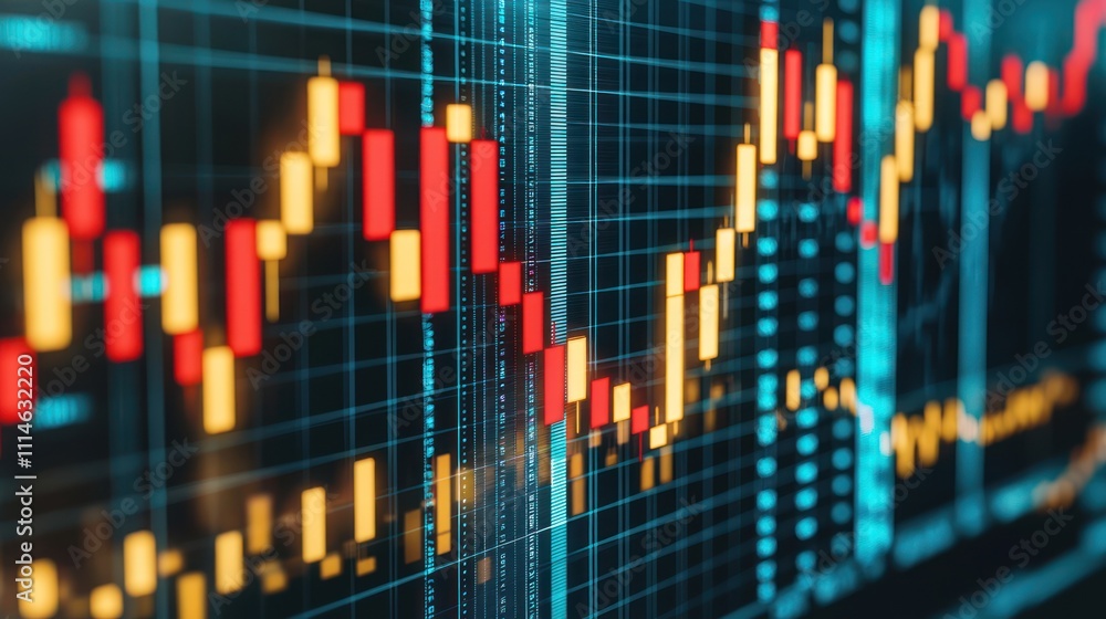 Aufkleber close-up of a financial chart displaying red and yellow bars on a dark blue grid