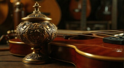 Ornate metal urn next to a violin. Concept for funeral, cremation, and musical tribute