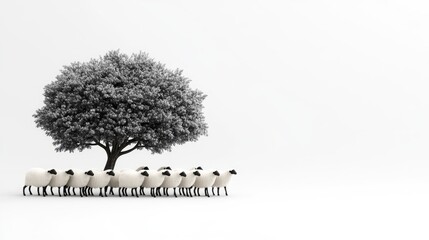 Fototapeta premium Sheep form a tree silhouette on a clean white canvas, leaving room for text or branding to complete the holiday design.