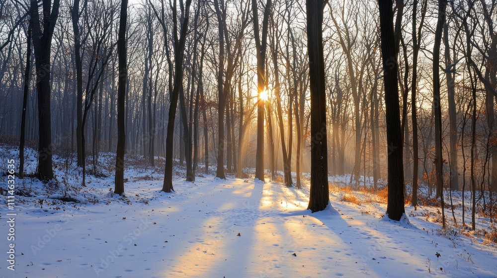 Poster Sunlight Filtering Through Bare Trees in a Snowy Forest