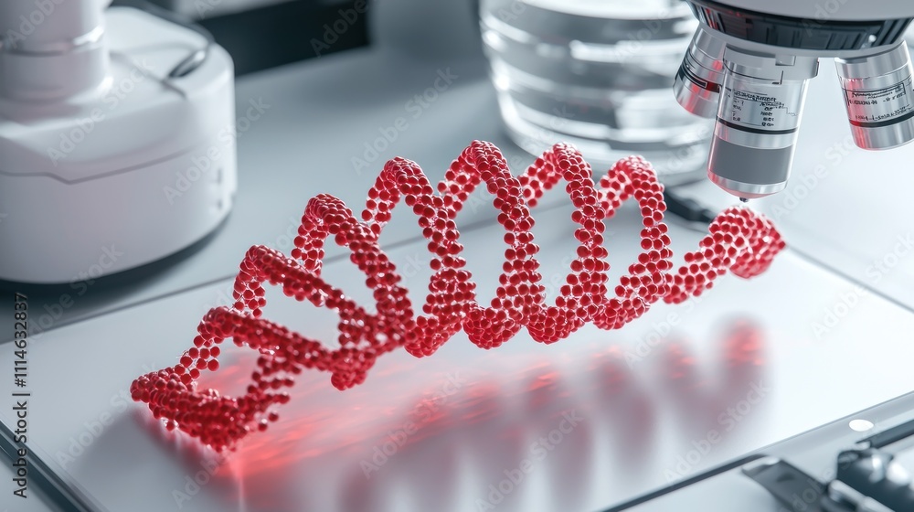 Aufkleber red dna strand under a microscope in a laboratory setting