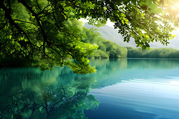tranquil reflections in a serene natural setting of greenery and blue waters. generative ai