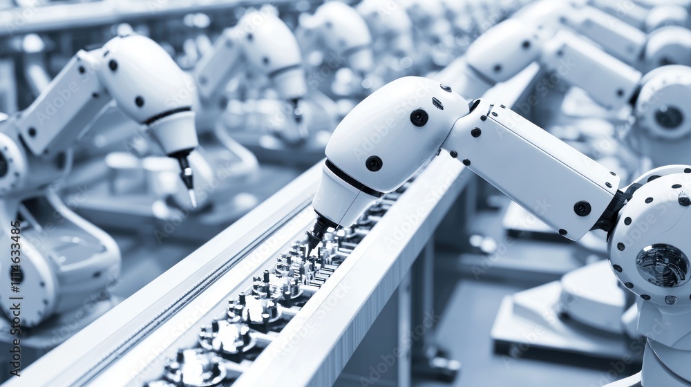 Poster Robotic Arm Assembly Line Working in Factory