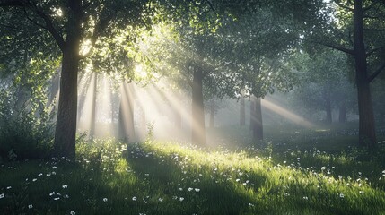 Fototapeta premium Sunlit forest, wildflowers, misty morning.