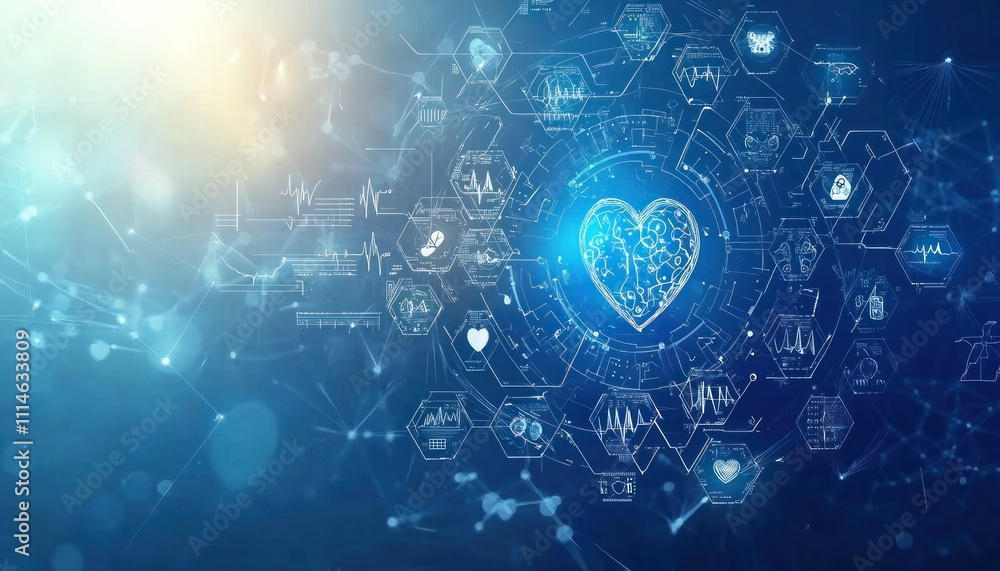 Poster Digital Network of Hexagon Shapes with a Heart at the Center