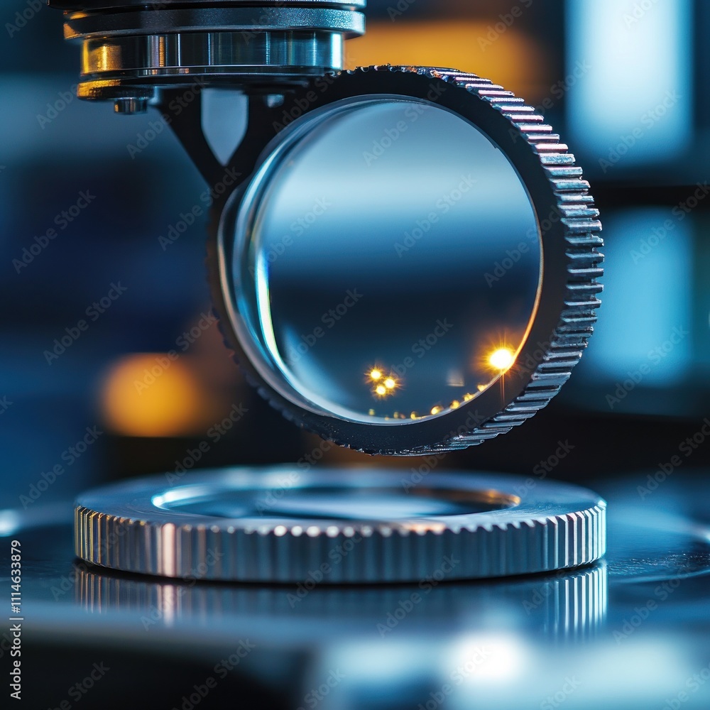 Poster close-up of a circular lens with a gear-like edge hovering above a metal surface