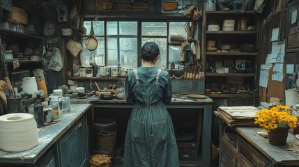  person stands in a rustic workshop filled with tools and materials, engaged in a creative task 