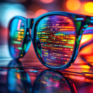 Computer program code and eye glasses closeup Cyber Information Data Software Encryption Security Technology Bokeh Background