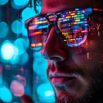 Binary Computer code on hacker eye glasses Cyber Information Data Software Security Technology Bokeh Background