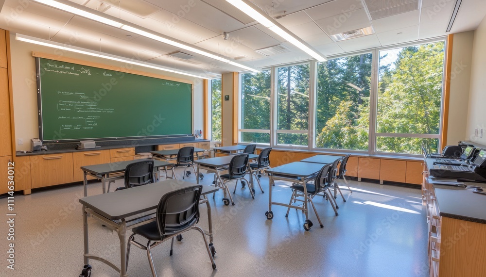 Poster empty classroom with desks and chairs facing a green chalkboard
