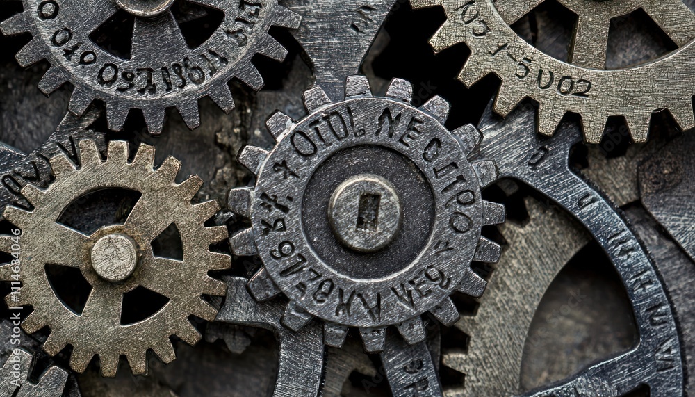 Poster Close-up of Interlocking Metal Gears with Numbers and Letters