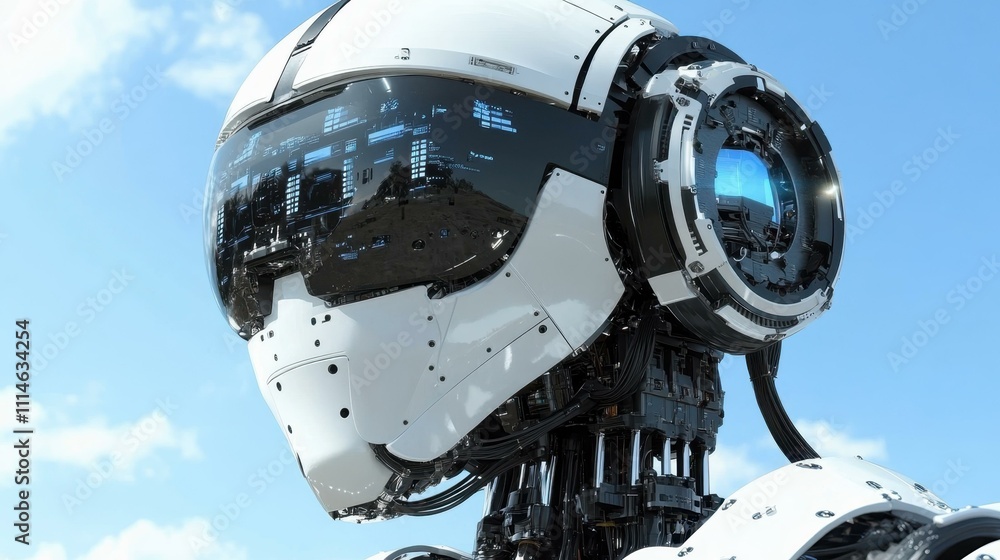 Poster artificial intelligence future. futuristic humanoid robot head with reflective visor looking sideway