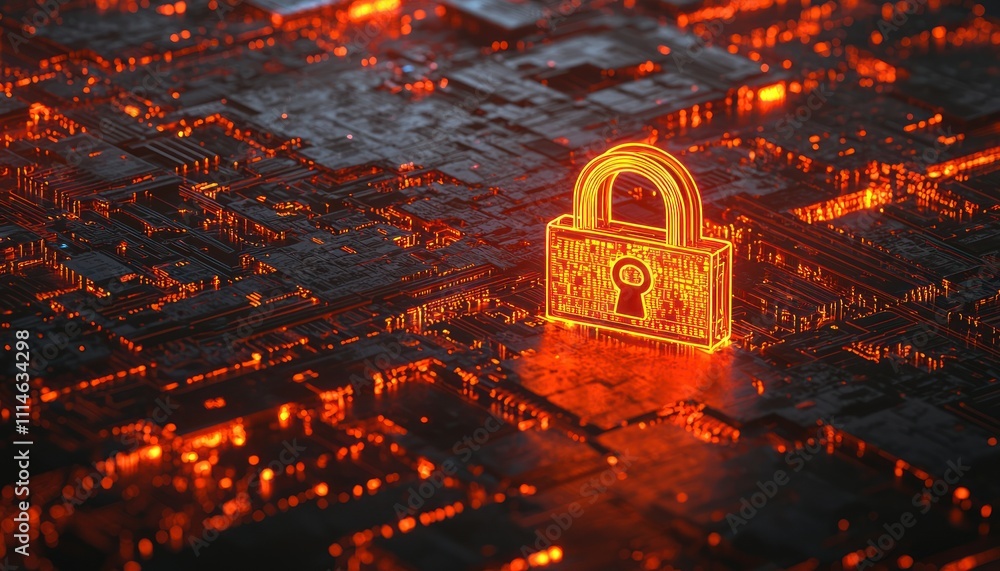 Poster glowing lock symbol on a digital circuit board