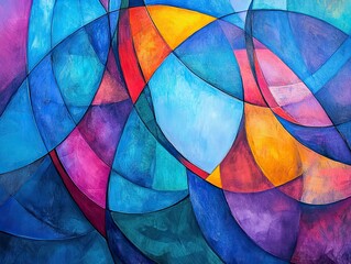 Fototapeta premium Abstract painting, vibrant colors, curved shapes.
