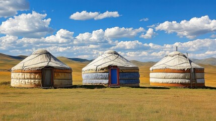 Three Yurts Under a Blue Sky
